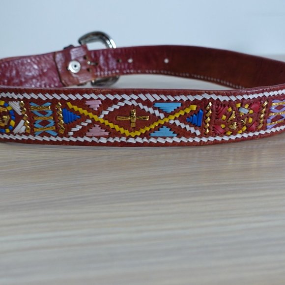 Belt‎ Womens Brown Leather Western Buckle XS Native Cowgirl Aztec Hippie Tribal main image 9